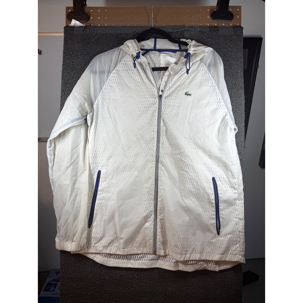 Lacoste Sport Windbreaker Jacket Mens 44 White Hooded Full Zip RN87651